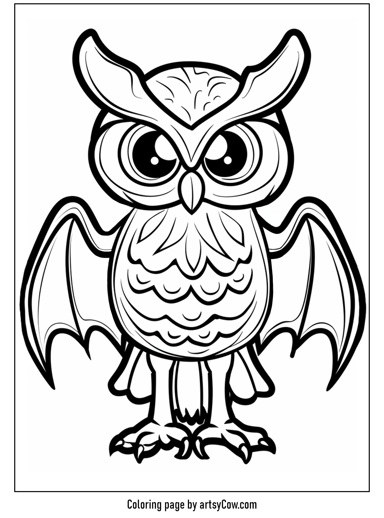 scary halloween coloring pages-owl with bat wings, depicting a whimsically scary creature